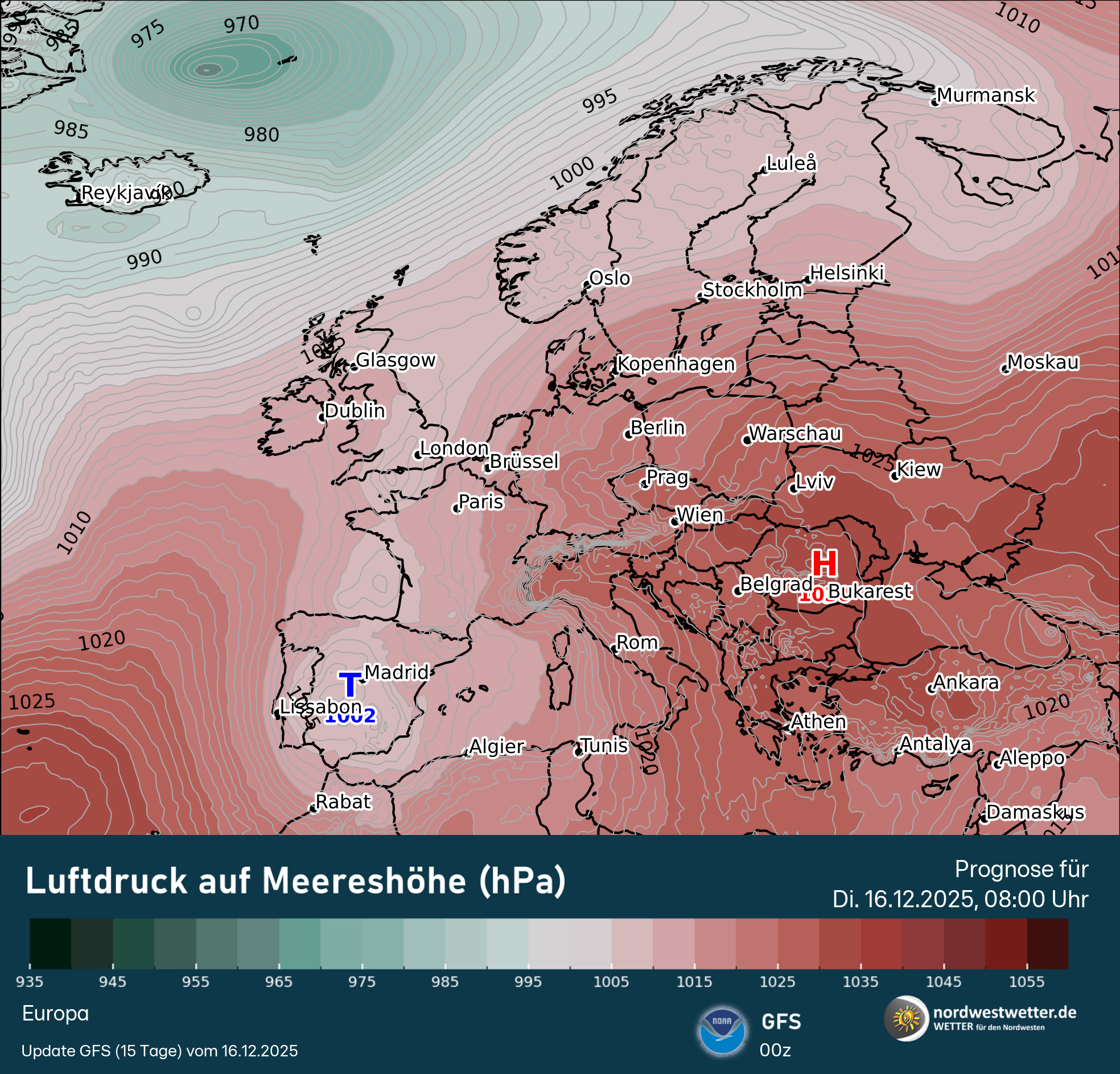gfs_prmsl_20251216_00z_f007 Hochdruck über Südostdeutschland - der Norden wird von schwachen Tiefausläufern gestreift - - Das Weihnachtswetter mit einer Überraschung?