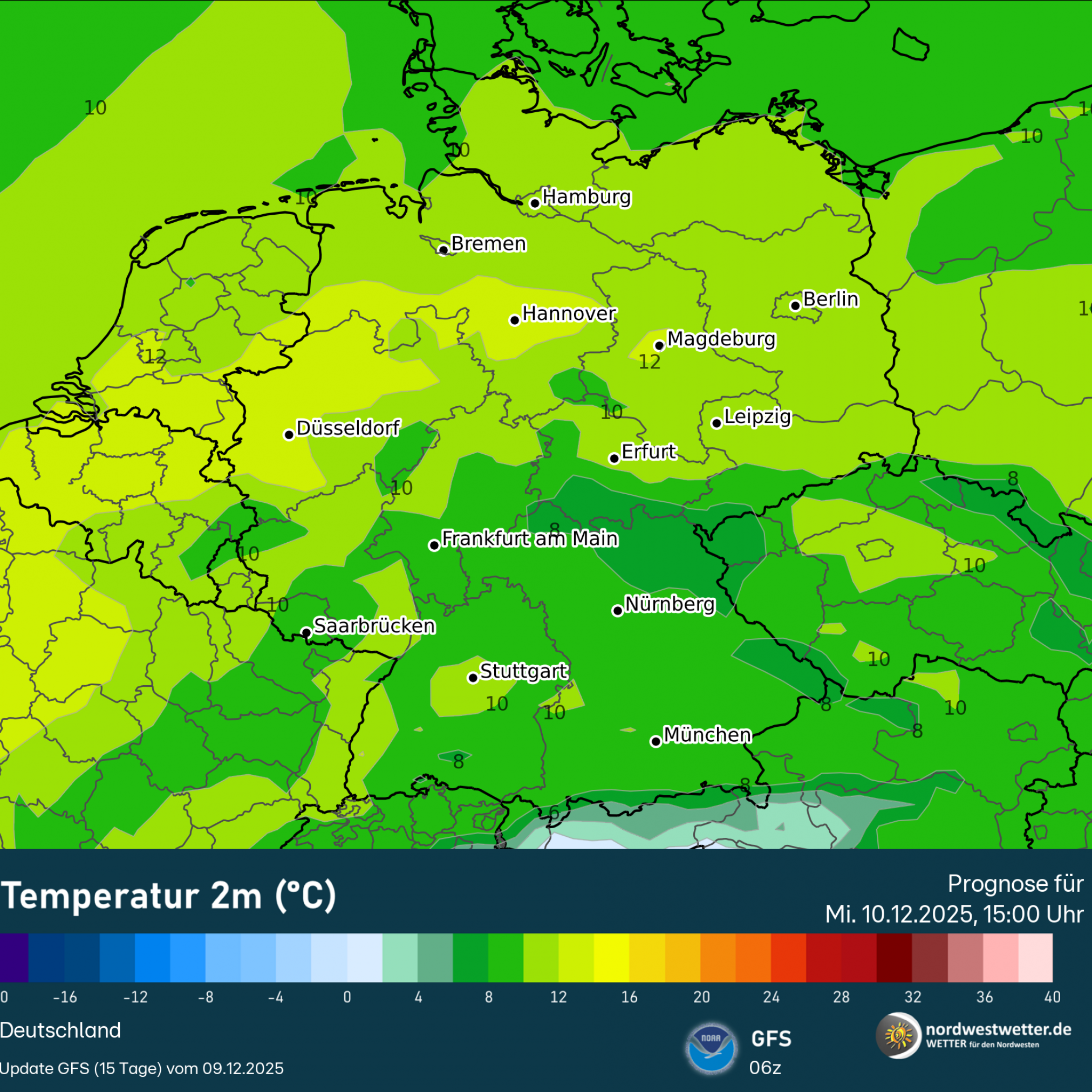 gfs_t2m_20251209_06z_f032-1-2024x2024 Es bleibt mild, im Süden ruhiges Hochdruckwetter, im Norden anfangs noch Regen!