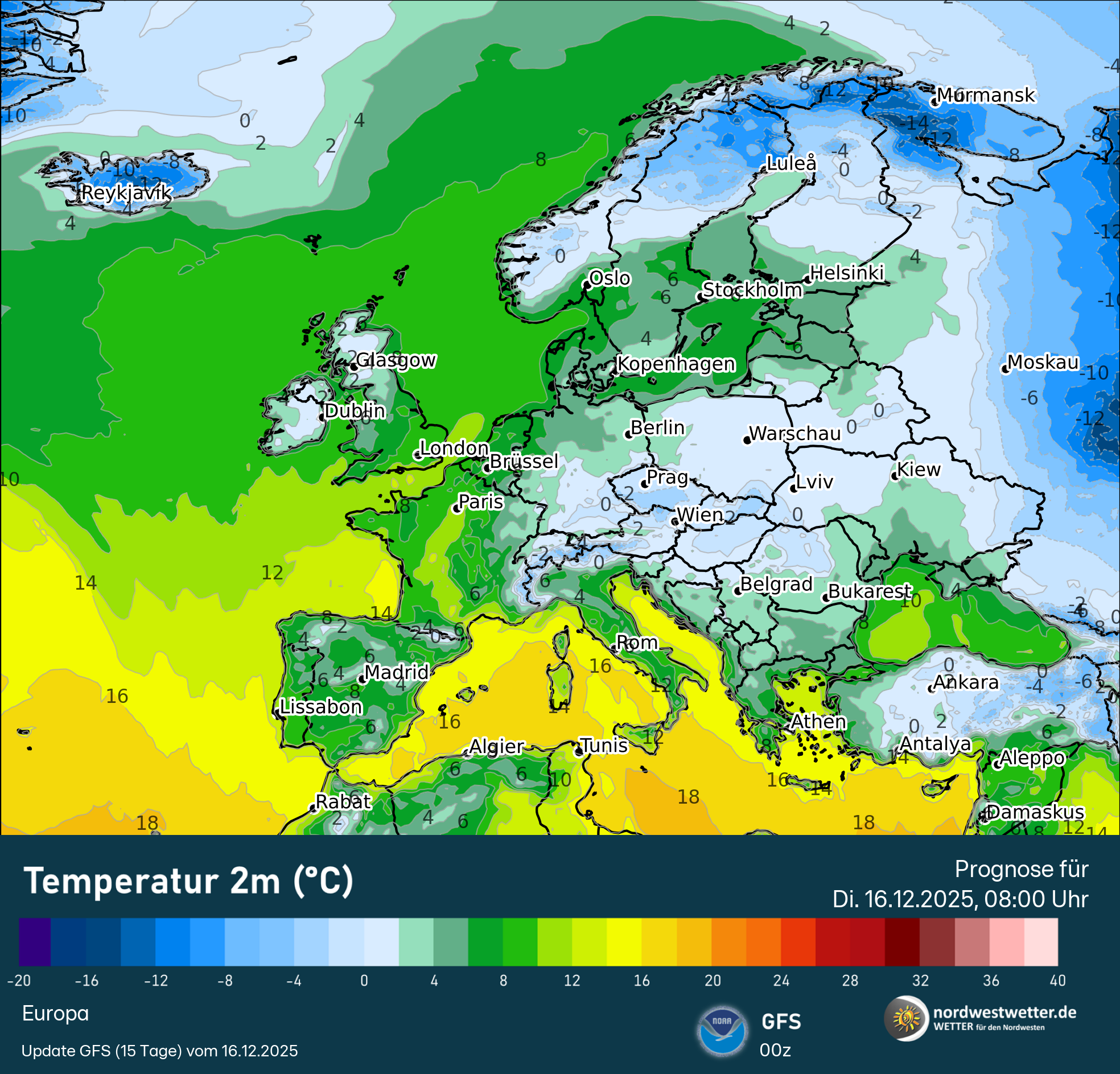 gfs_t2m_20251216_00z_f007 Hochdruck über Südostdeutschland - der Norden wird von schwachen Tiefausläufern gestreift - - Das Weihnachtswetter mit einer Überraschung?