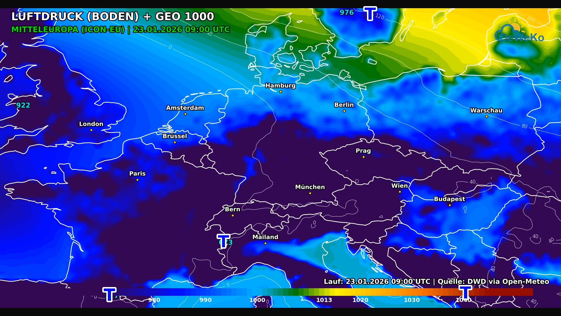 DeWeKo_icon_eu_europa_legacy_pressure_F0_1769182424503 Winterlich kalt mit frostigen Nächten und örtlicher Glättegefahr. Der Drei-Tage-Trend.