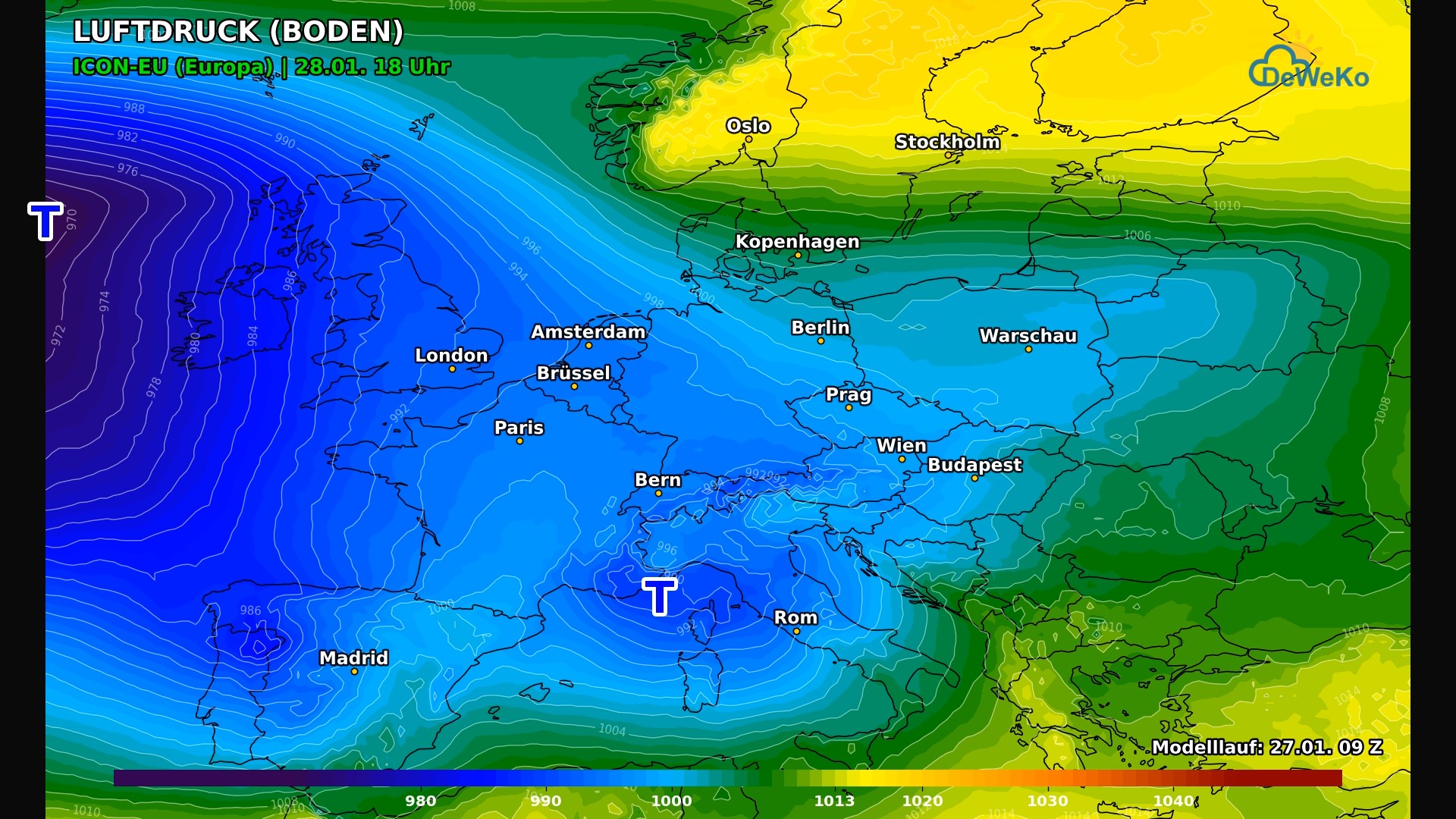 DeWeKo_icon_eu_europe_pressure_F30_1769523682571 Luftmassengrenze bringt dem Westen Regen, im Osten bleibt es meist bei Schnee, örtlich auch gefrierender Regen!