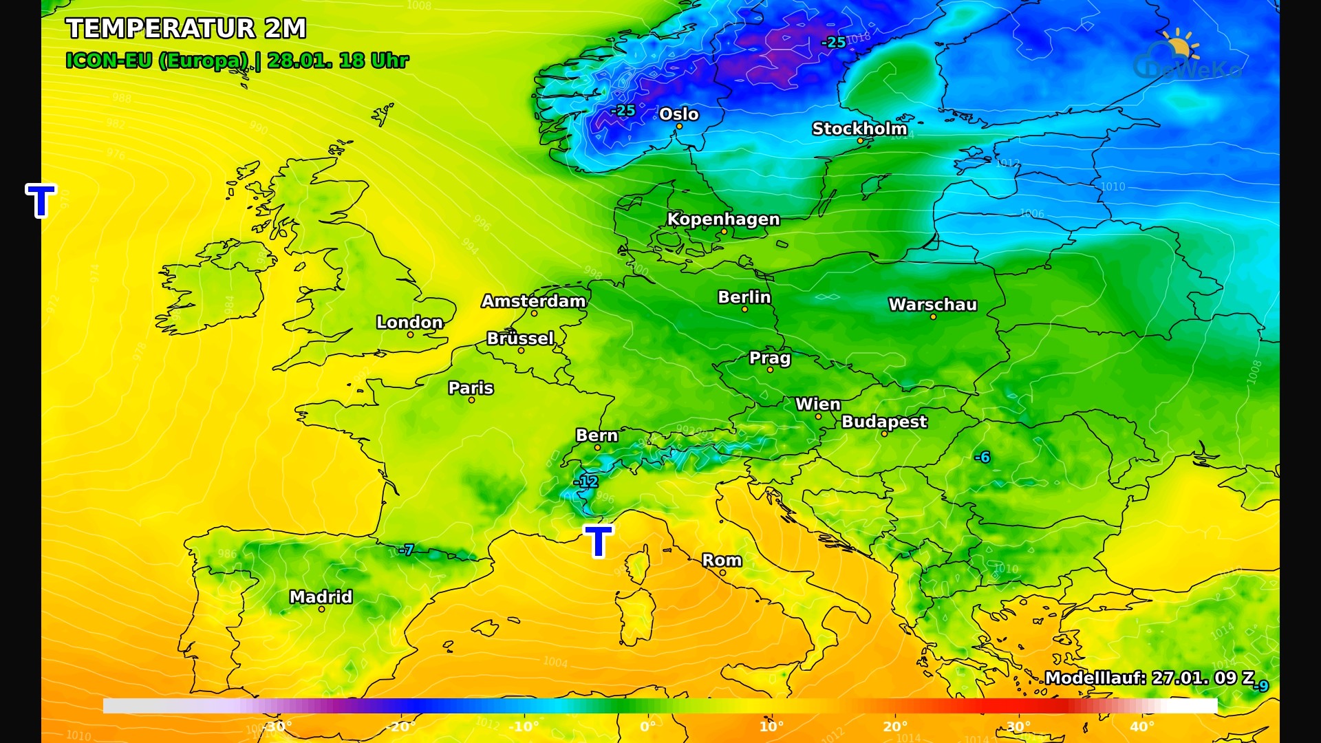 DeWeKo_icon_eu_europe_temp_F30_1769523605438 Luftmassengrenze bringt dem Westen Regen, im Osten bleibt es meist bei Schnee, örtlich auch gefrierender Regen!