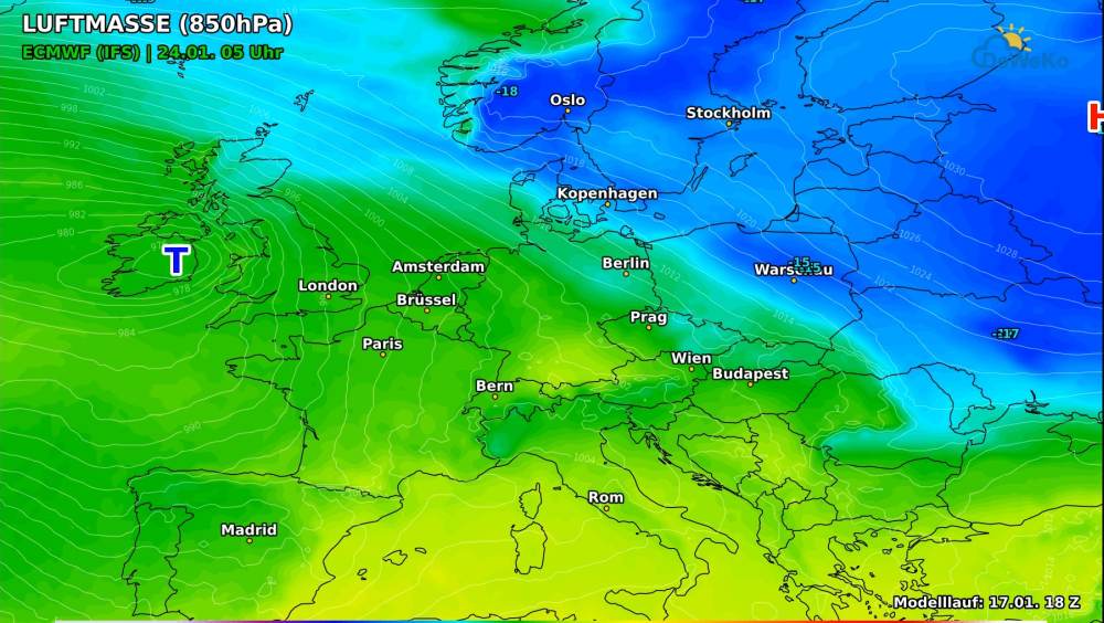 luftmasse850_2401_03z-1 14-Tage Trend: Milder Westen, kalter Osten