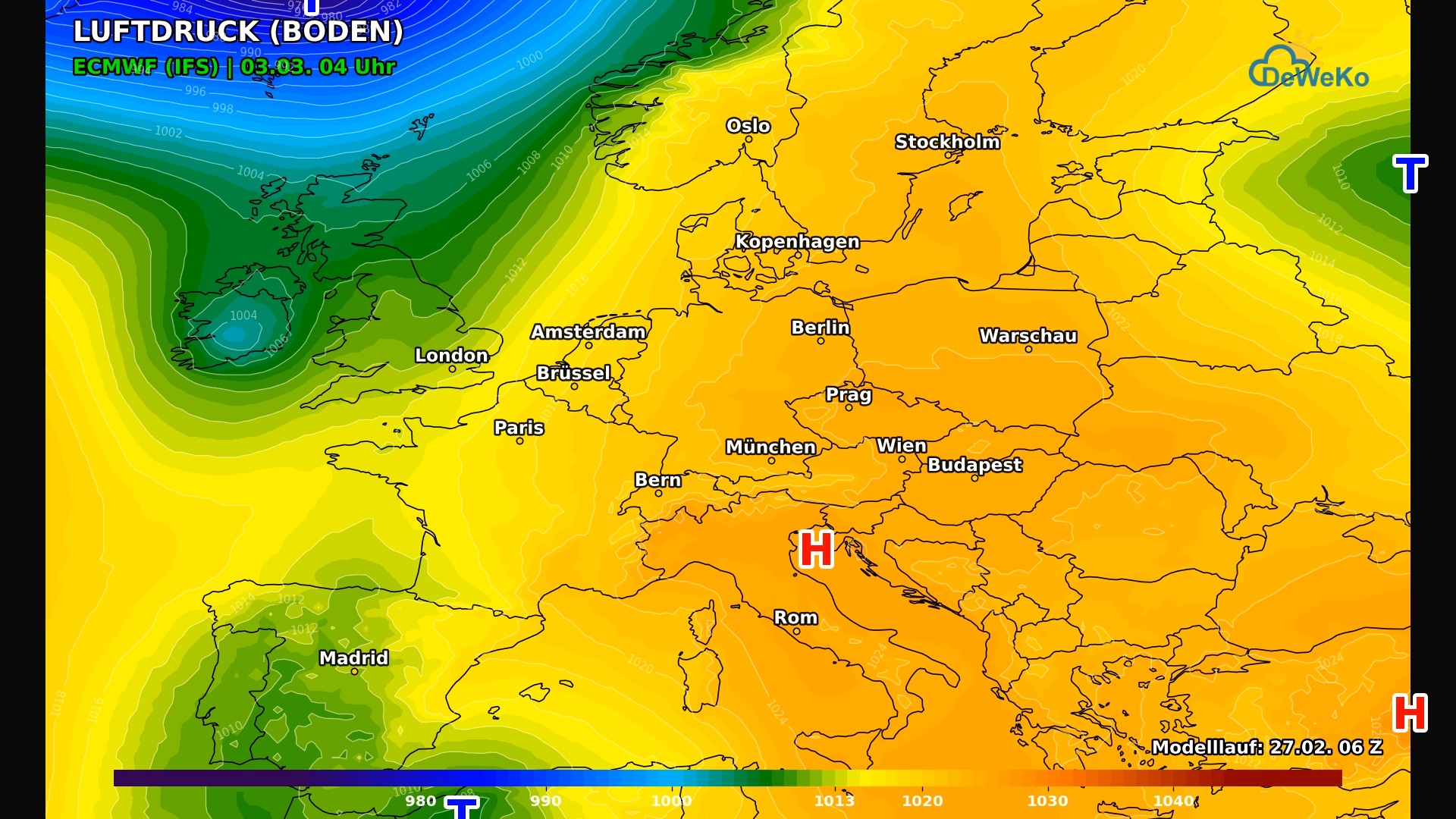 DeWeKo_ecmwf_eu_10d_pressure_F87_1772202109012 Milde Vorfrühlingslage festigt sich nach kurzem Kaltfrontdurchgang am Wochenende