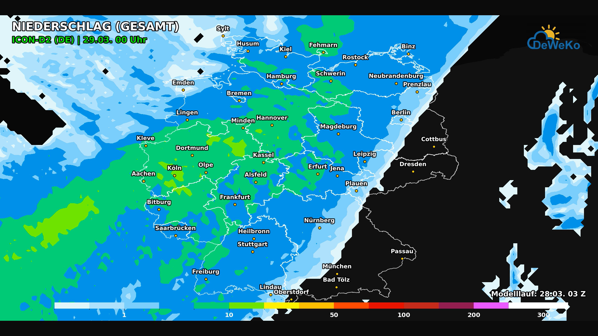 DeWeKo_icon_d2_de_api_rain_sum_F20_1774679477562 Kaltfront mit Niederschlägen zieht südostwärts über Deutschland hinweg!