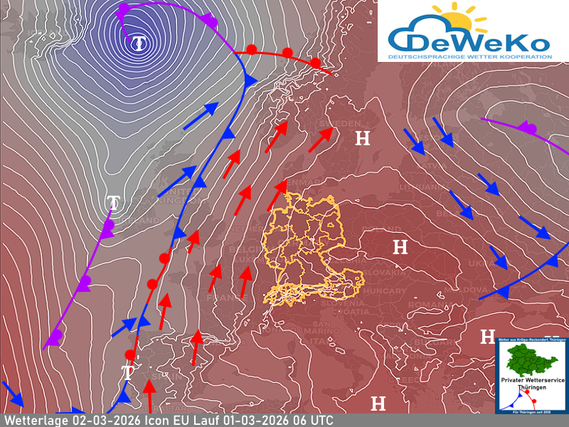 wetterlage-02032026 Weiterhin Hochdruckwetter und eine schwache Kaltfront