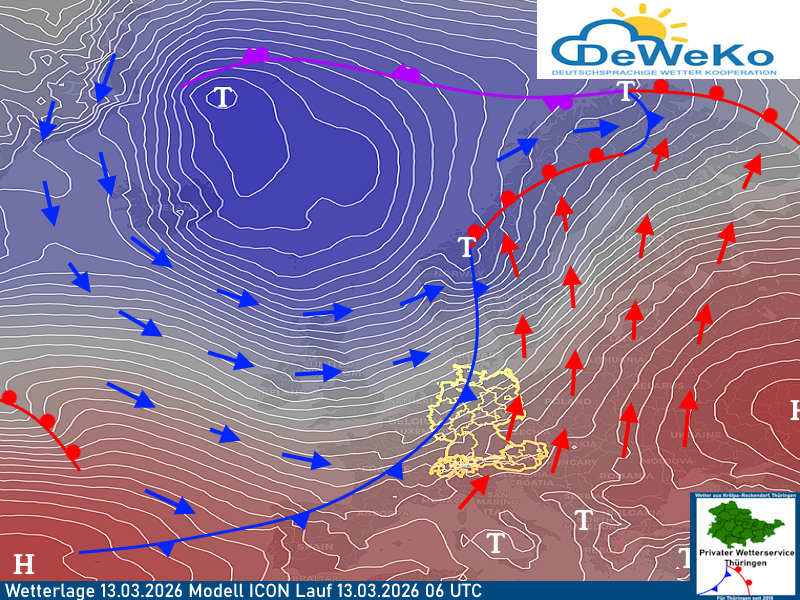 wetterlage-13032026 Wetterlage zeigt markante Kaltfront aus Westen mit nachfolgender Kaltluft