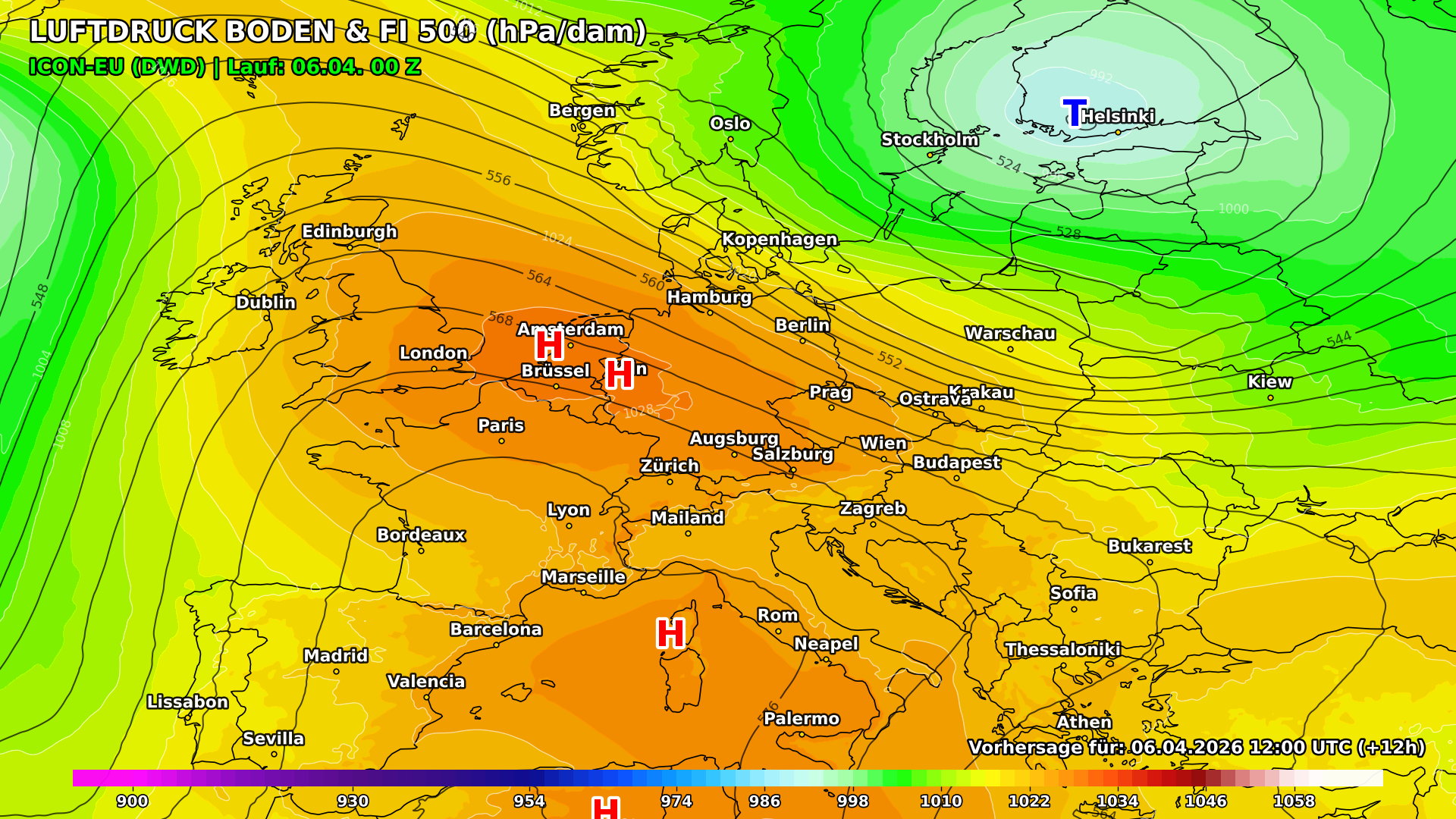 pmsl_2026-04-06_1200_12h Frühlingshoch bringt starke Temperaturgegensätze und zunehmende Modellunsicherheit zum Wochenende
