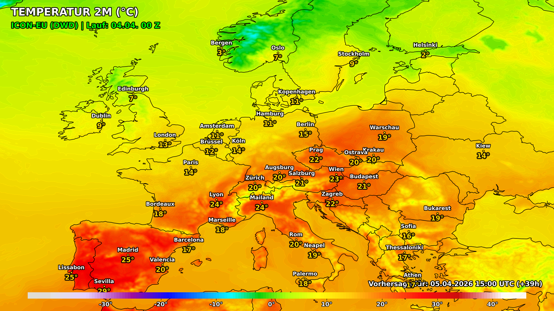 t2m_2026-04-05_1500_39h Wo bleibt es zu den Osterfeuern heute und morgen trocken? Ostereiersuche im Regen?
